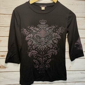Lady Noiz Black and Gray Embellished 3/4 Inch Sleeve Top
